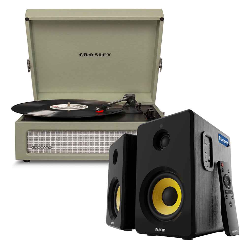 Crosley Voyager Bluetooth Portable Turntable - Sage + Bundled Majority D40X Bluetooth Speakers - Black