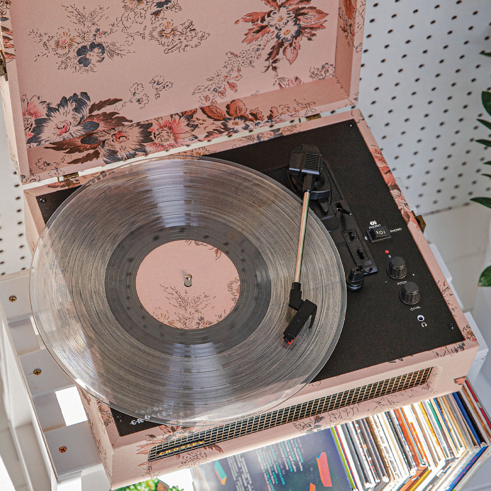 Voyager Bluetooth Portable Turntable - Floral + Bundled Record Storage Display Stand