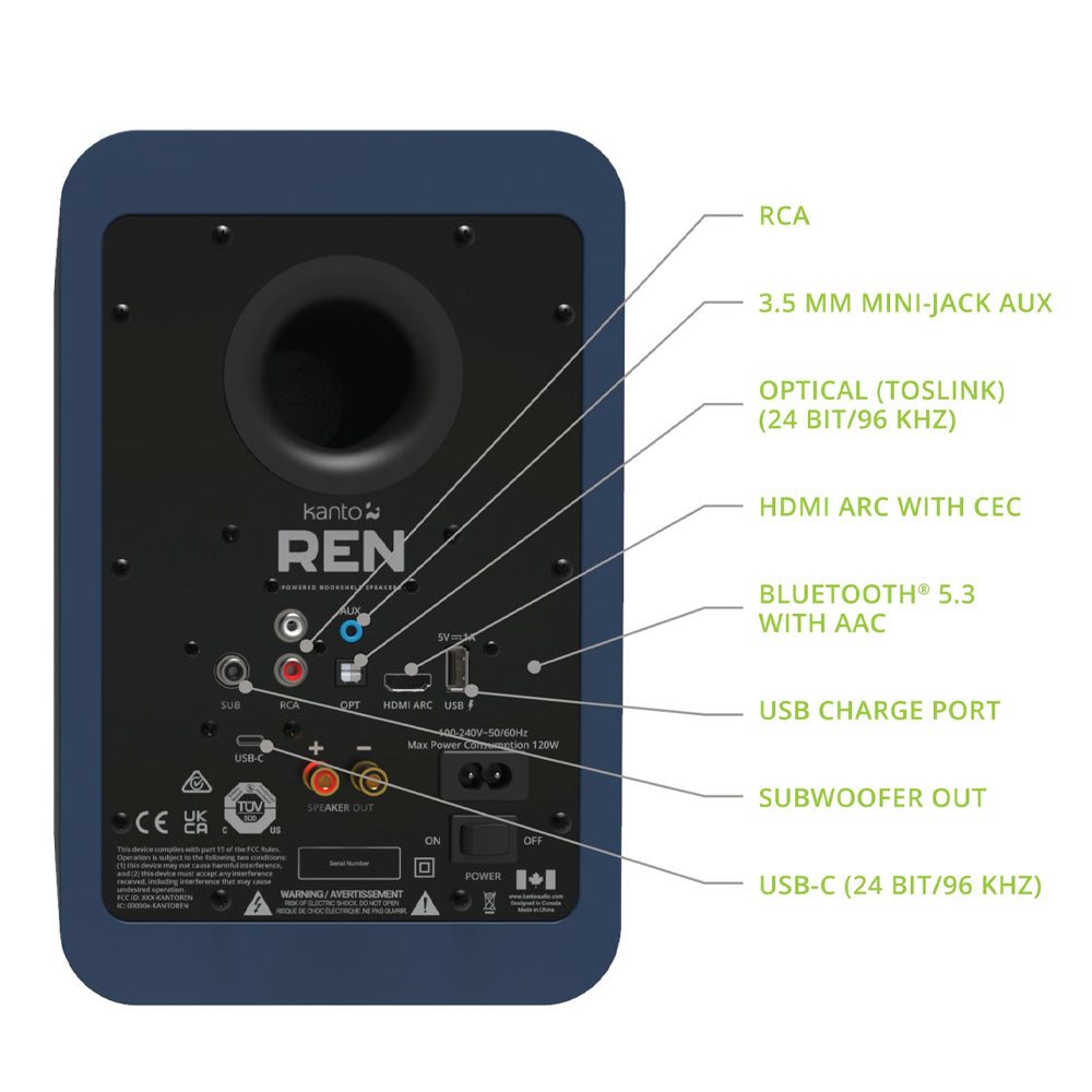 Kanto REN 200W Powered Bookshelf Speakers with HDMI ARC, USB-C, and Bluetooth 5.3 - Matte Blue, Pair