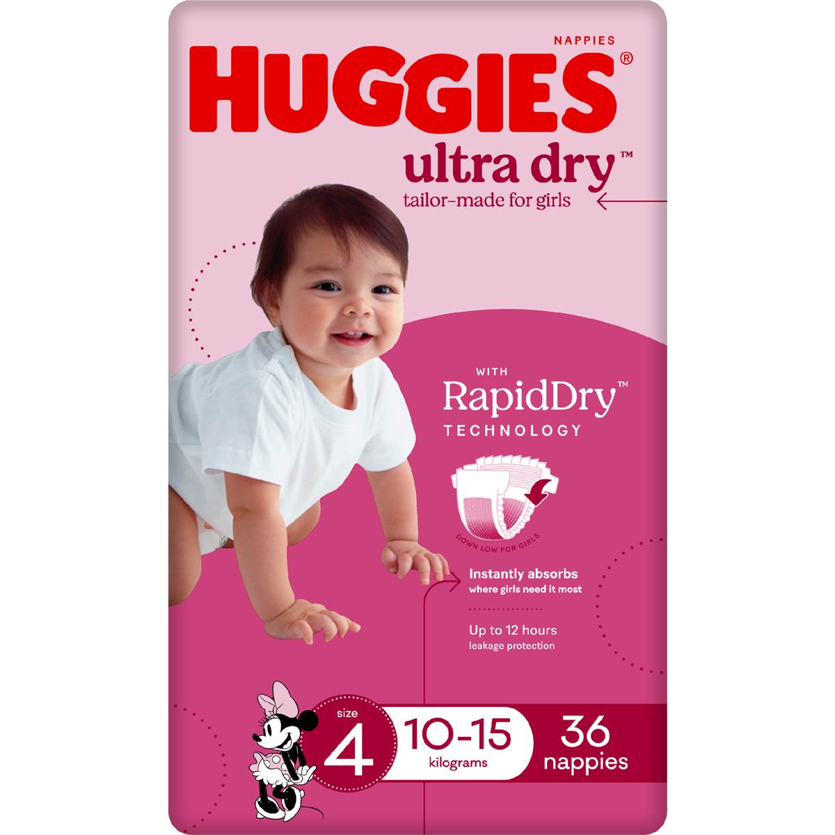 Huggies Ultra Dry Nappies Girls Size 4 (10-15kg) 36 Pack