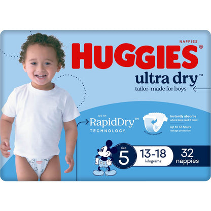Huggies Ultra Dry Nappies Boys Size 5 (13-18kg) 32 Pack