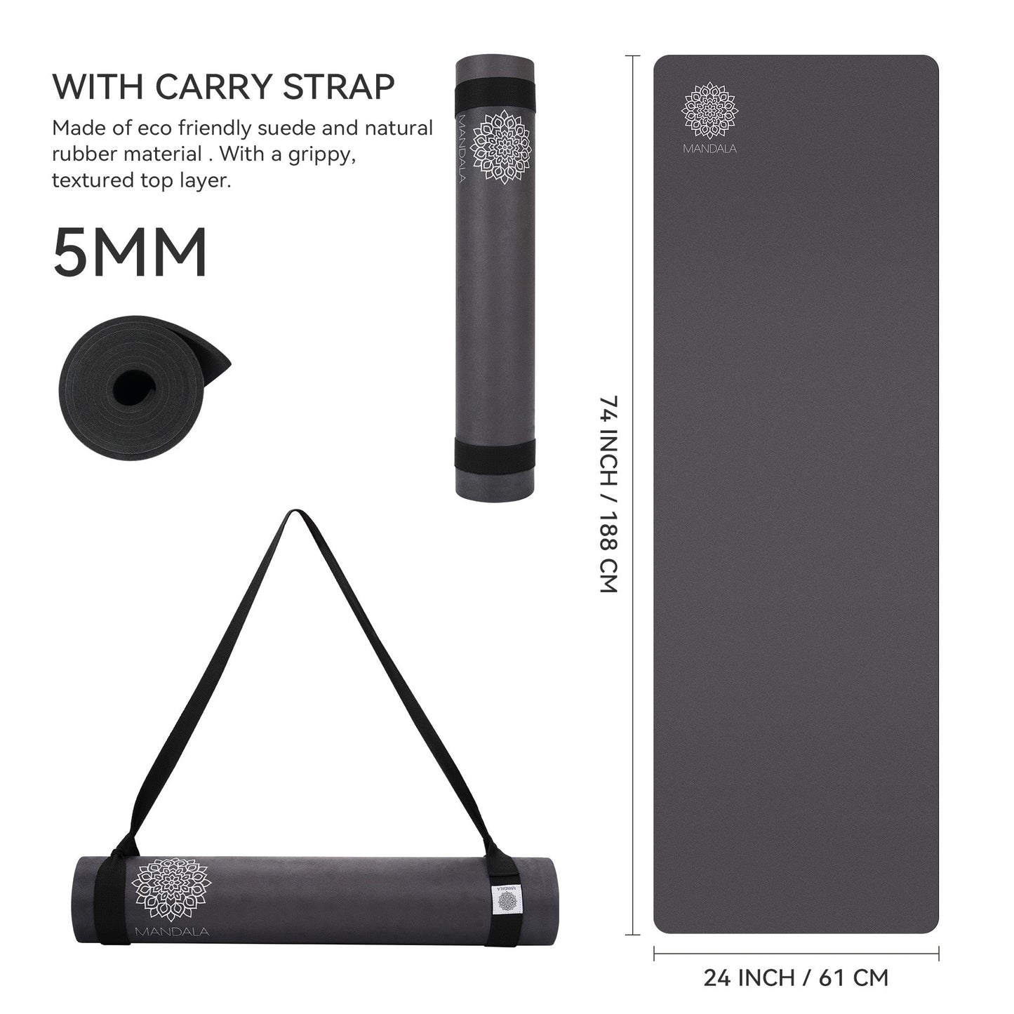 Mandala Yoga Mat Premium Bundle, Includes Yoga Mat 188cm H x 61cm W, Yoga Strap & Steel Hydration Bottle - Black