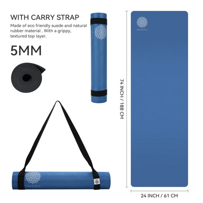 Mandala Yoga Mat Premium Bundle, Includes Yoga Mat 188cm H x 61cm W, Yoga Strap & Steel Hydration Bottle - Midnight Blue