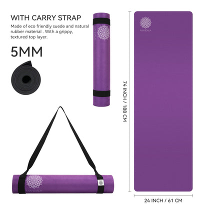 Mandala Yoga Mat Premium Bundle, Includes Yoga Mat 188cm H x 61cm W, Yoga Strap & Steel Hydration Bottle - Purple