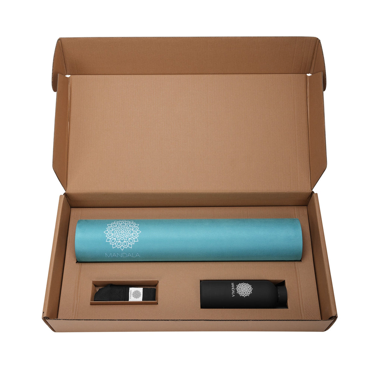 Mandala Yoga Mat Premium Bundle, Includes Yoga Mat 188cm H x 61cm W, Yoga Strap & Steel Hydration Bottle - Teal