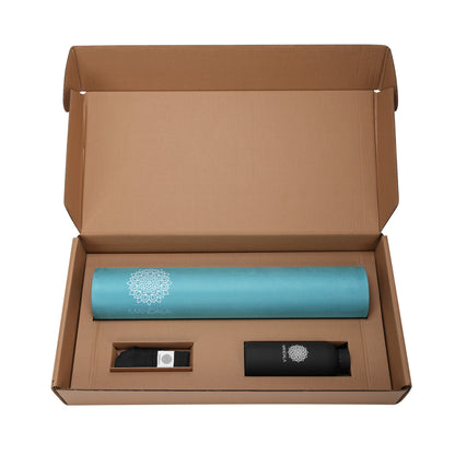 Mandala Yoga Mat Premium Bundle, Includes Yoga Mat 188cm H x 61cm W, Yoga Strap & Steel Hydration Bottle - Teal