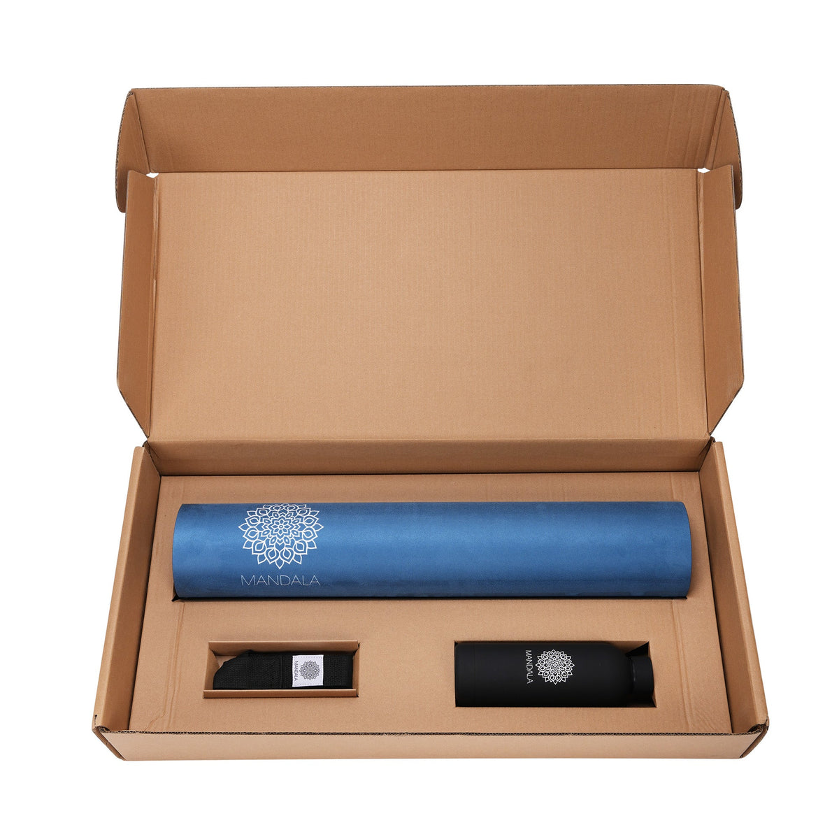 Mandala Yoga Mat Premium Bundle, Includes Yoga Mat 188cm H x 61cm W, Yoga Strap & Steel Hydration Bottle - Midnight Blue