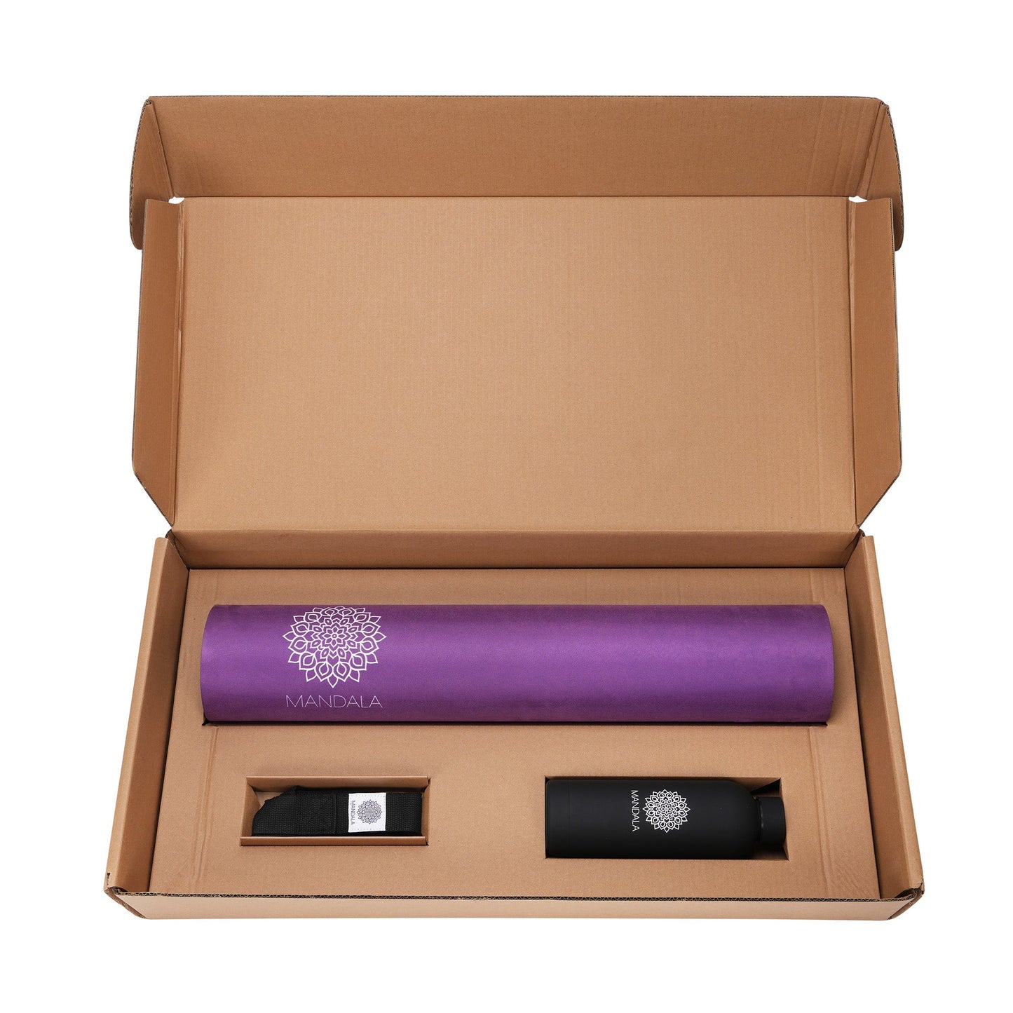Mandala Yoga Mat Premium Bundle, Includes Yoga Mat 188cm H x 61cm W, Yoga Strap & Steel Hydration Bottle - Purple