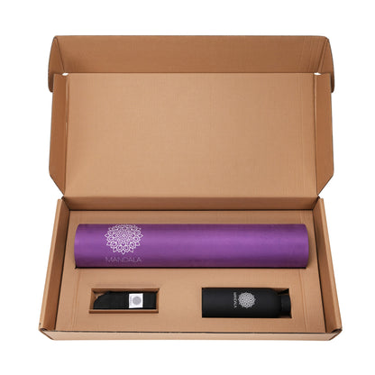 Mandala Yoga Mat Premium Bundle, Includes Yoga Mat 188cm H x 61cm W, Yoga Strap & Steel Hydration Bottle - Purple