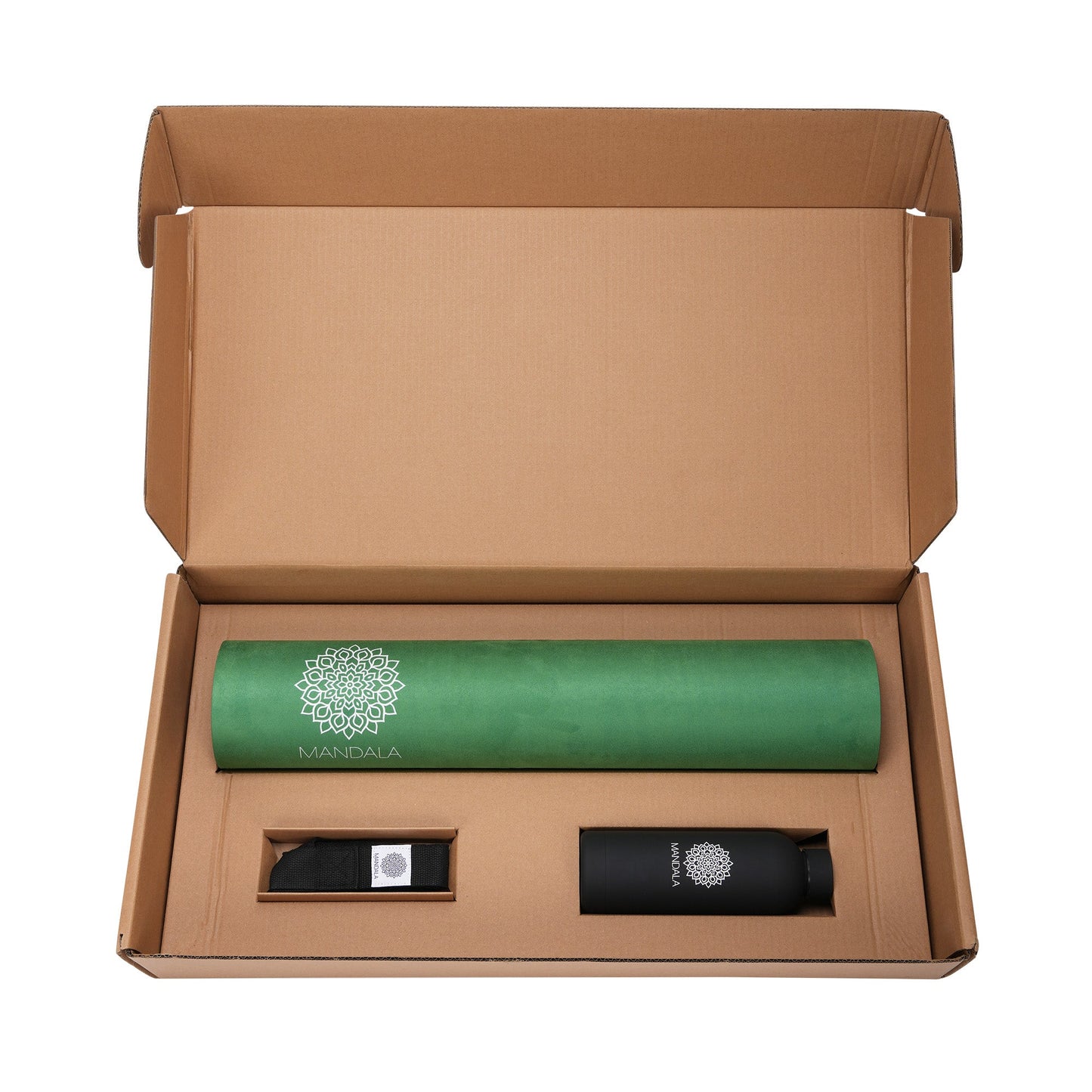 Mandala Yoga Mat Premium Bundle, Includes Yoga Mat 188cm H x 61cm W, Yoga Strap & Steel Hydration Bottle - Jade Green
