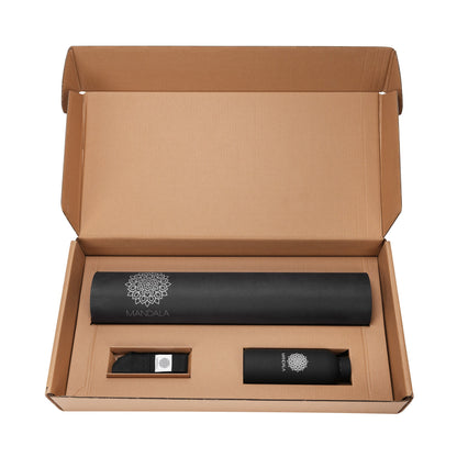 Mandala Yoga Mat Premium Bundle, Includes Yoga Mat 188cm H x 61cm W, Yoga Strap & Steel Hydration Bottle - Black