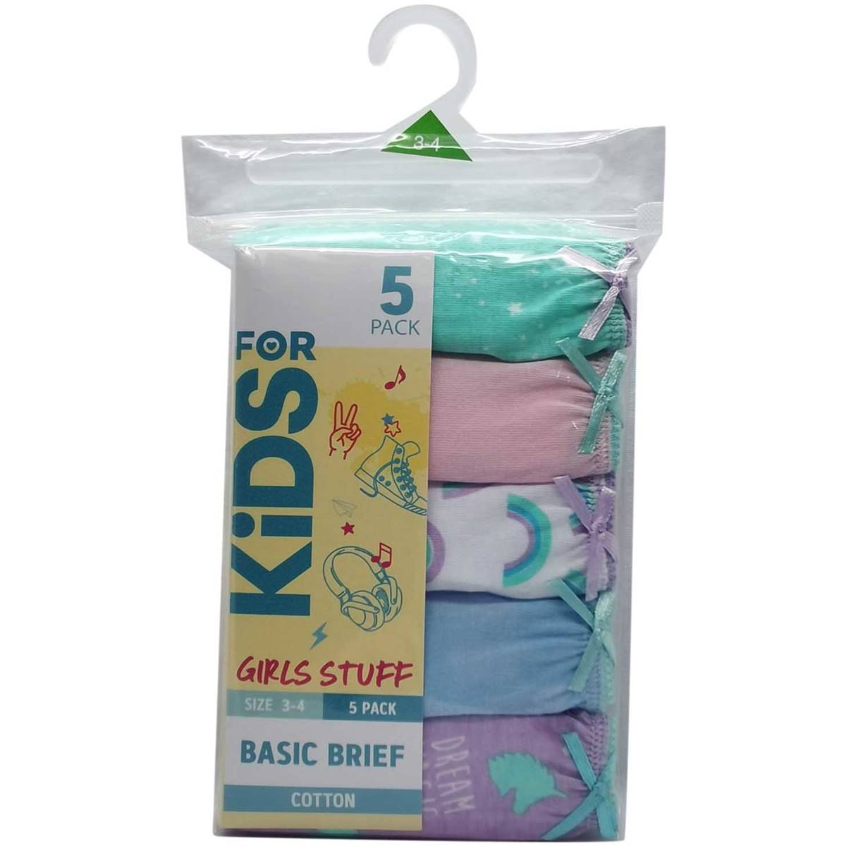 For Kids Girls Briefs Sizes 3-4 Assorted 5 Pack
