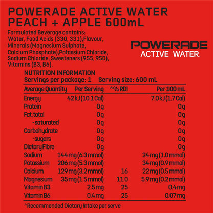 Powerade Active Water Apple & Peach Sports Drink Sipper Cap 600ml