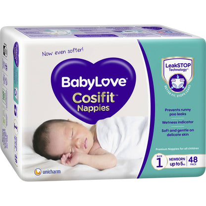 Babylove Cosifit Newborn Nappies Size 1 (Up To 5kg) 48 Pack