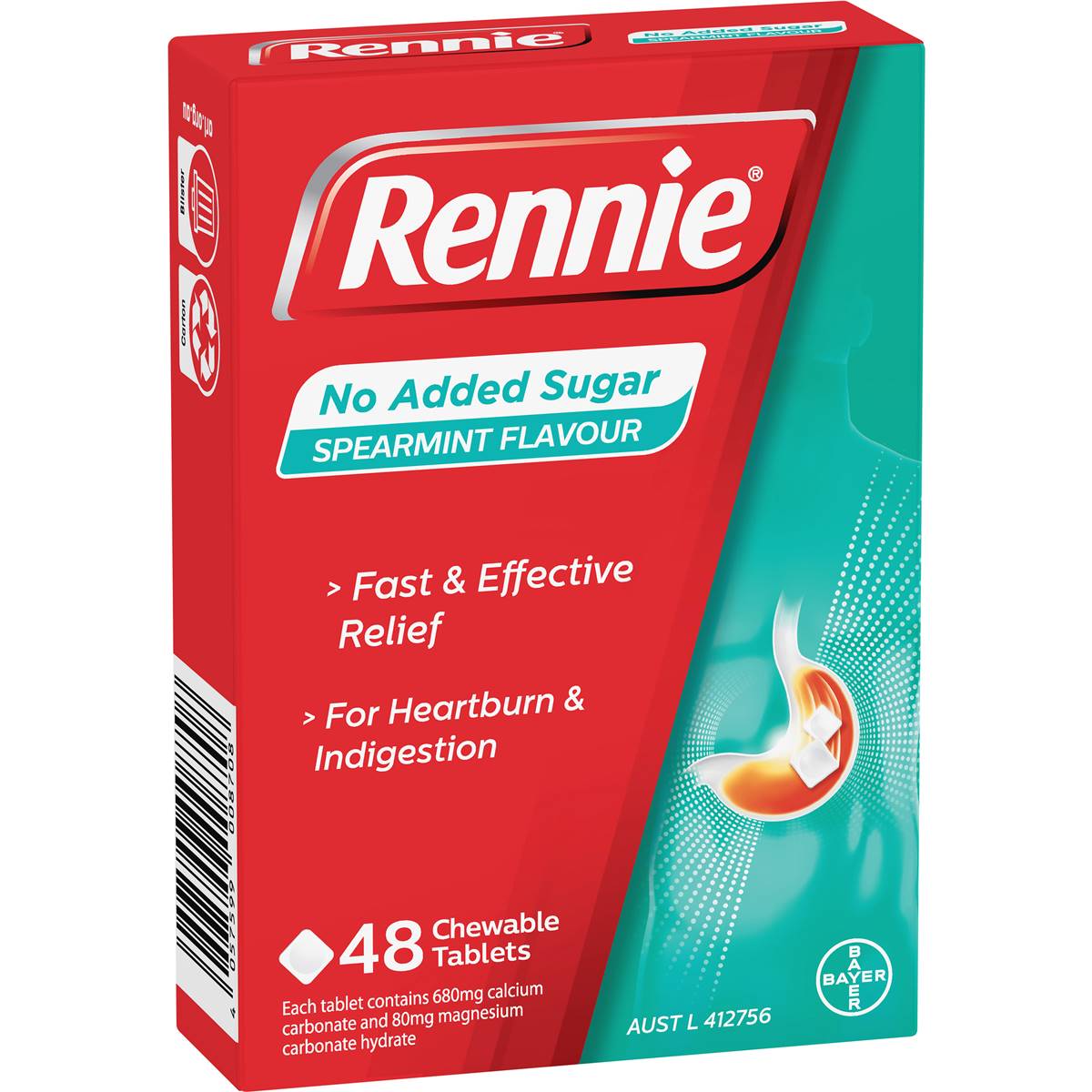 Rennie Antacid Chewable Tablets Spearmint Flavour 48 pack