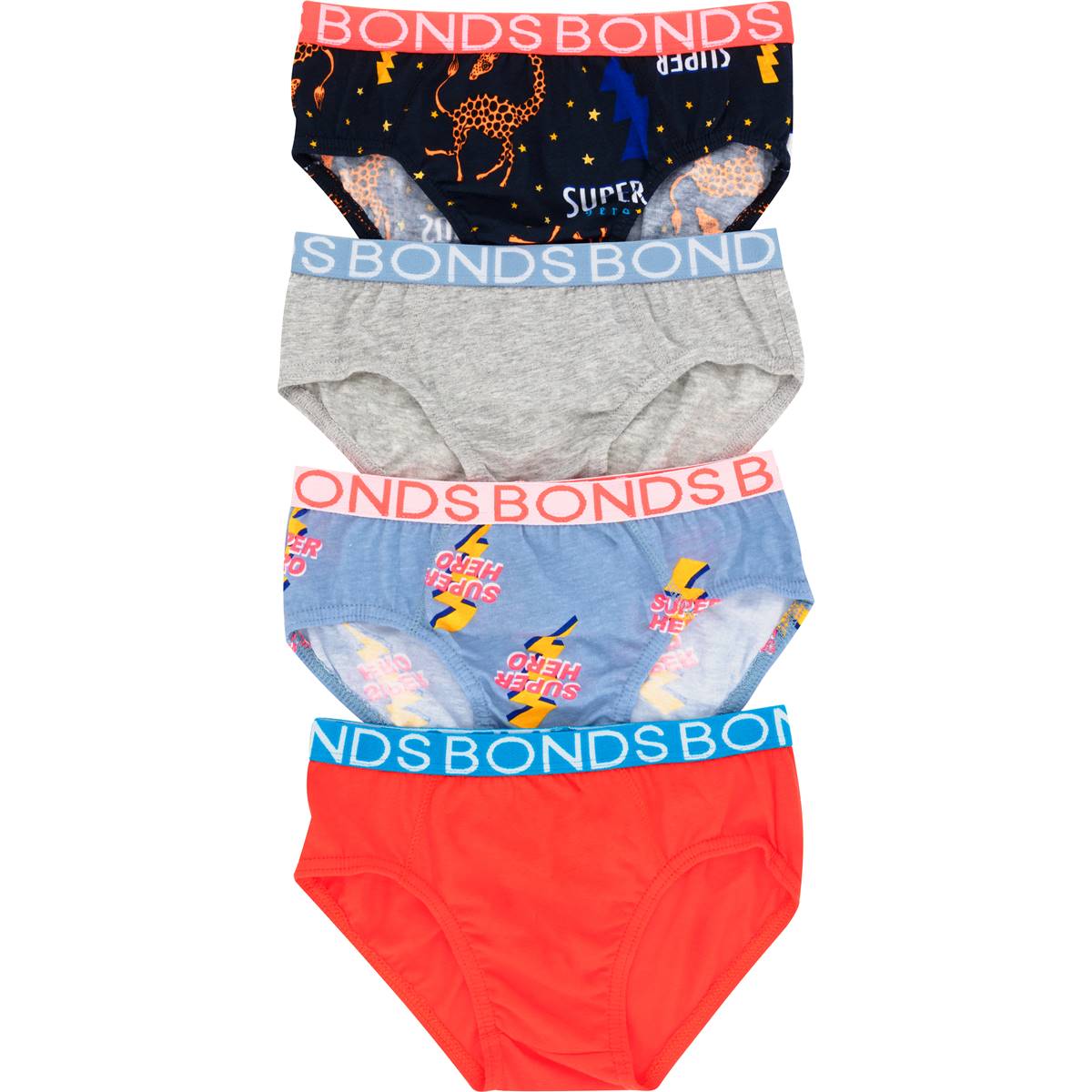 Bonds Boys Briefs Size 4-6 Or 6-8 Assorted 4 Pack