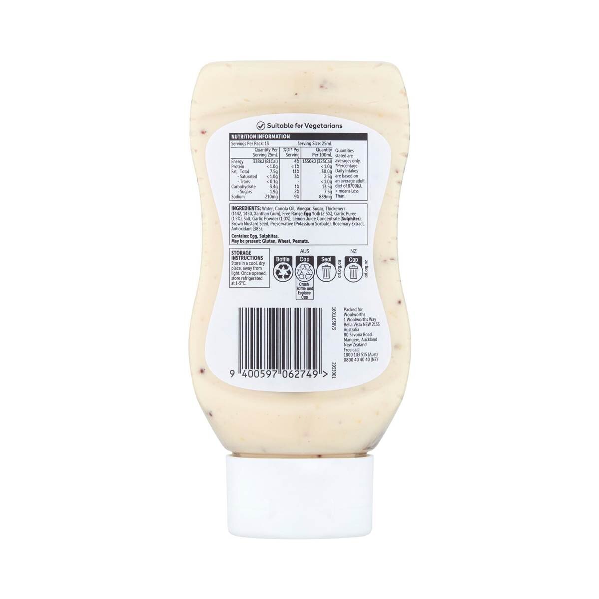 Woolworths Extreme Garlic Aioli 330mL
