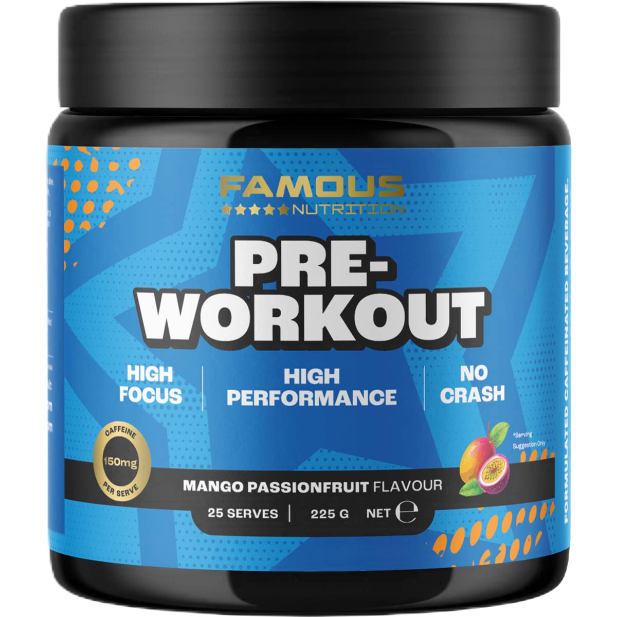 Famous Nutrition Sport Pre Workout Caffeine Energy Powder Mango Passion 225g