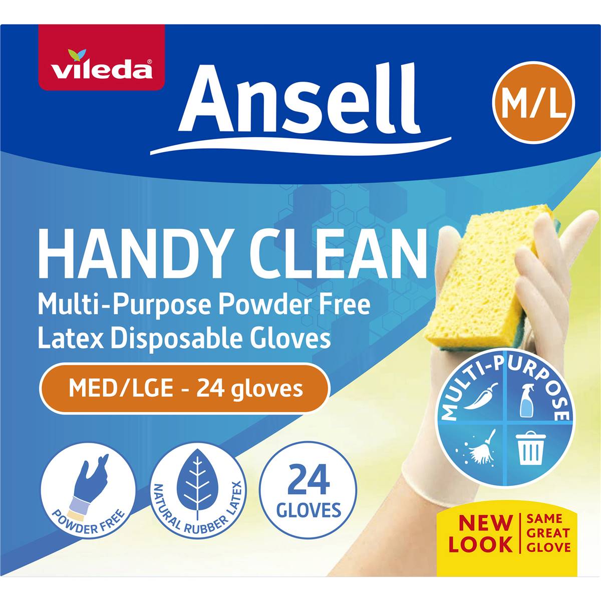 Vileda Ansell Handy Clean Latex Multi-Purpose Gloves m/l 24 Pack