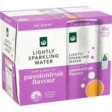 Woolworths Lightly Sparkling Water Cans Passionfruit 250mL x 6 pack