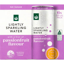 Woolworths Lightly Sparkling Water Cans Passionfruit 250mL x 6 pack