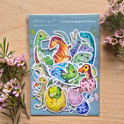 Australian Dinosaur Small Vinyl Waterproof Sticker 21pcs FULL pack by Watercolour By Cat Original Artworks