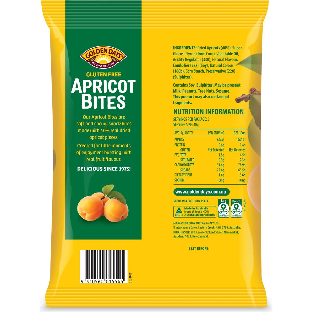 Golden Days Fruit Snacks Bites Apricot 5x40g