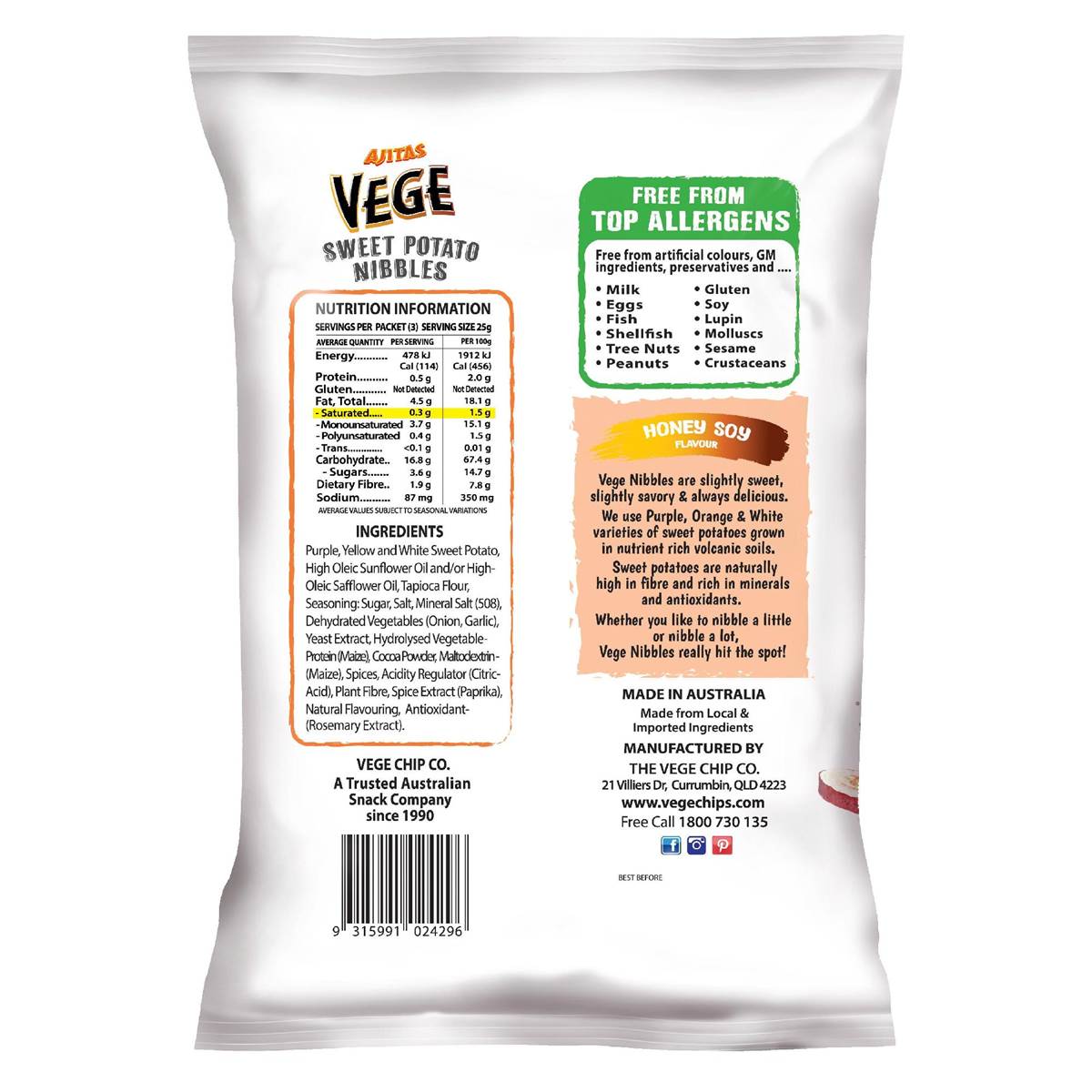 Vege Chips Sweet Potato Nibbles Honey Soy Flavour 75g