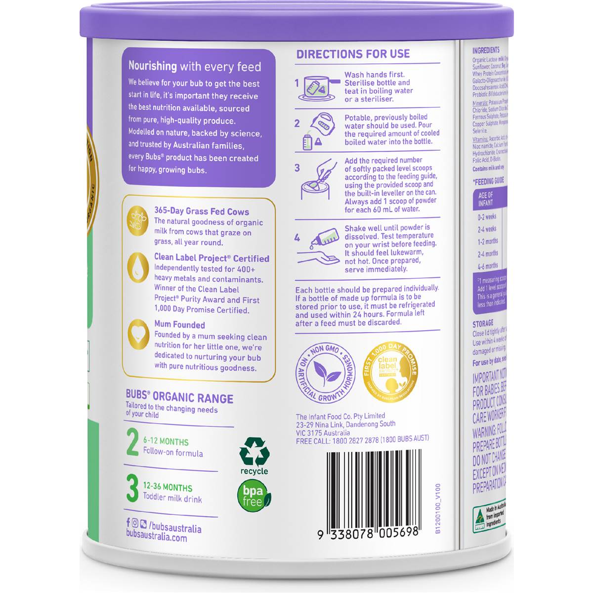 Bubs Organic Grass Fed Infant Formula Stage 1 800g