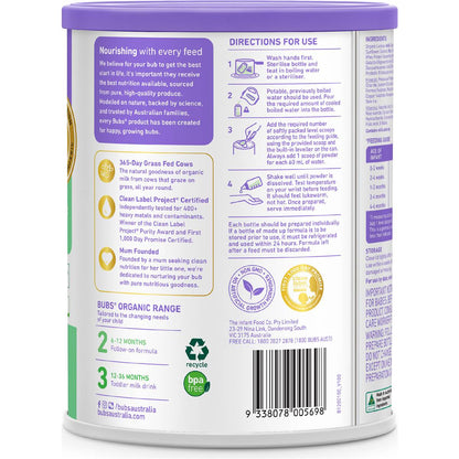 Bubs Organic Grass Fed Infant Formula Stage 1 800g