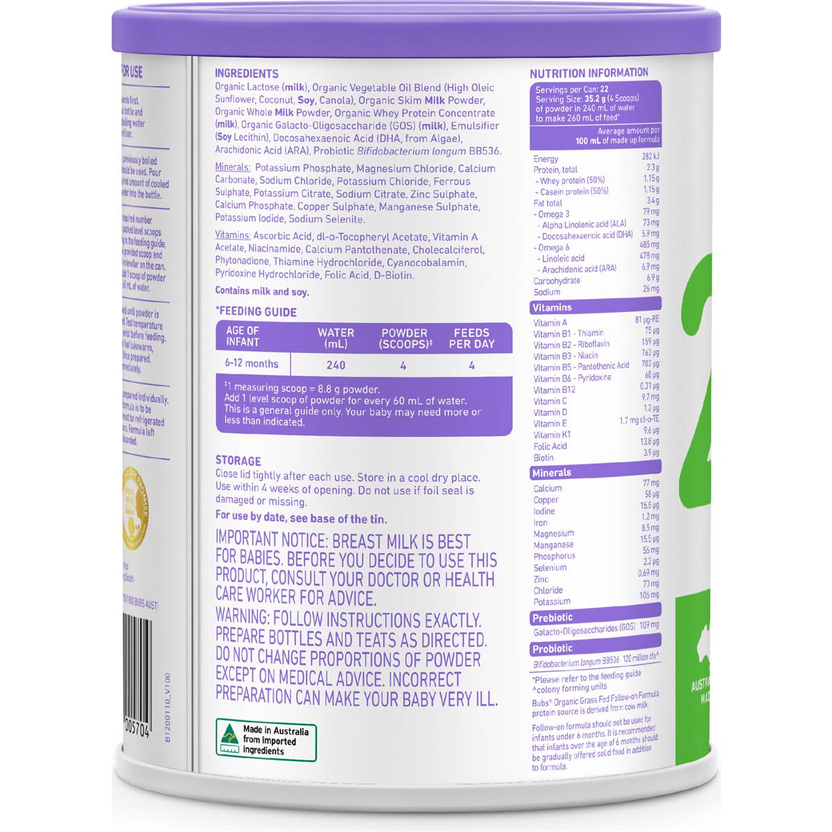 Bubs Organic Grass Fed Follow On Formula Stage 2 800g