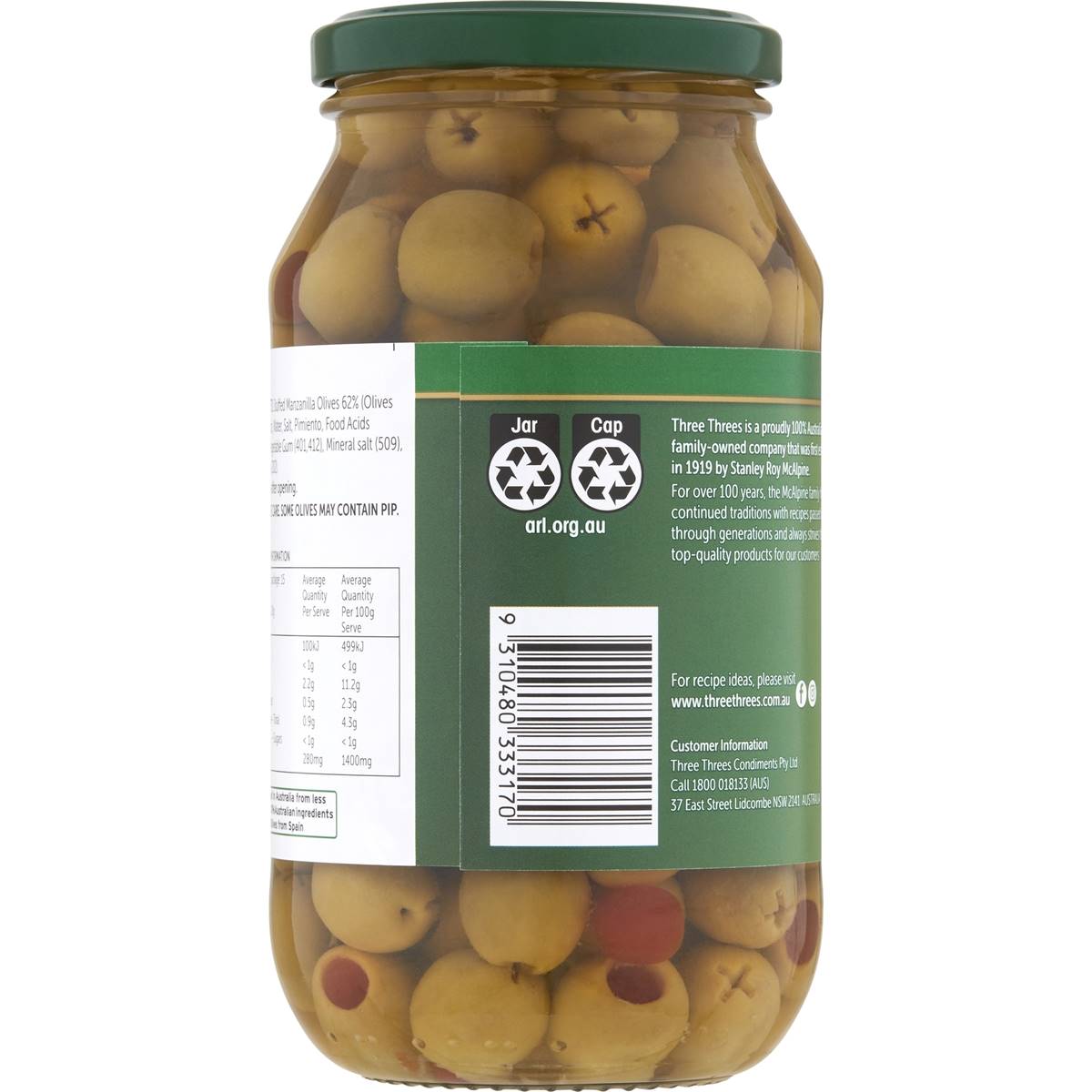 Three Threes Olives Stuffed 500g