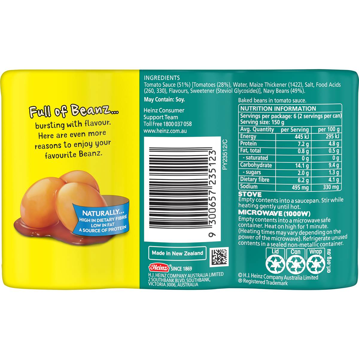 Heinz Beanz Canned Baked Beans No Added Sugar 300g x 3 pack