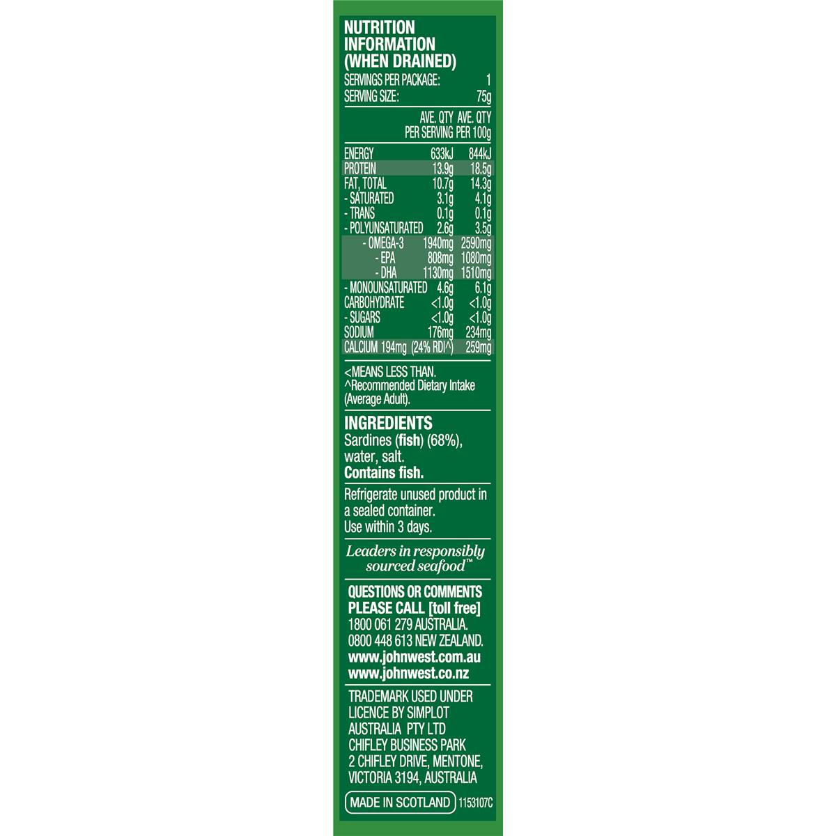 John West Wild Brisling Sardines In Springwater 110g