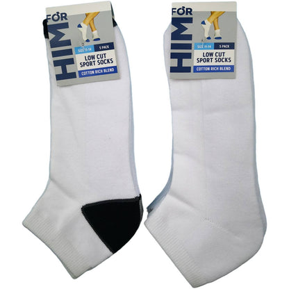 For Him Low Cut Sport Socks White Size 11-14 5 Pack