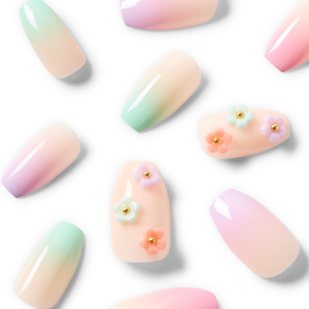 OXX Cosmetics 24 Pack Artificial Nails with Adhesive - Coffin Shape, Ombre 3D Floral