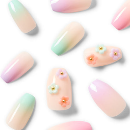 OXX Cosmetics 24 Pack Artificial Nails with Adhesive - Coffin Shape, Ombre 3D Floral