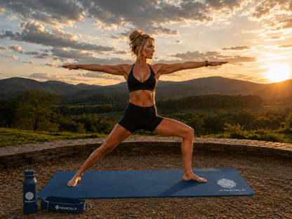 Mandala Yoga Mat Premium Bundle, Includes Yoga Mat 188cm H x 61cm W, Yoga Strap & Steel Hydration Bottle - Midnight Blue