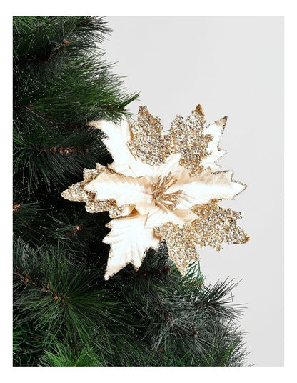 Luxe Christmas Glitter Fabric Poinsettia Pick 50cm in Champagne