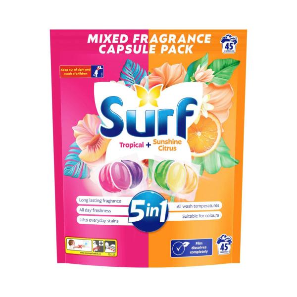 SURF LAUNDRY CAPSULES 5 IN 1 TROPICAL + SUNSHINE CITRUS 45PK