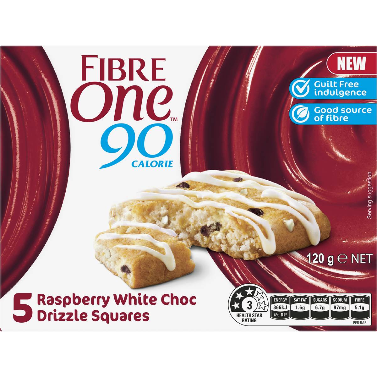 Fibre One 90 Calorie Raspberry White Choc Drizzle Squares 5 Pack 120g
