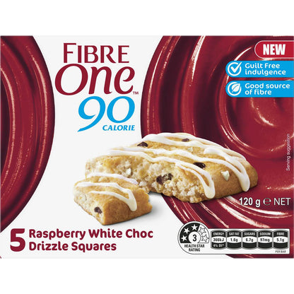 Fibre One 90 Calorie Raspberry White Choc Drizzle Squares 5 Pack 120g