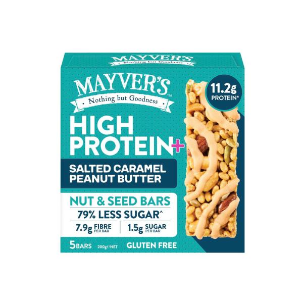 MAYVER'S PROTEIN+ BARS:SALTED CARAMEL & PEANUT BUTTER NUT & SEED BARS 200 GRAM X 5PACK
