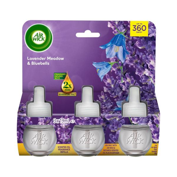 AIR WICK SCENTED OIL FRAGRANCE REFILLS LAVENDER MEADOWS & BLUEBELLS 3 X 19ML
