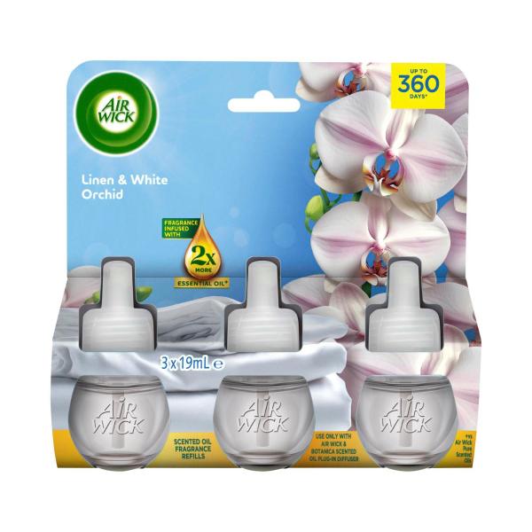 AIR WICK SCENTED OIL FRAGRANCE REFILLS LINEN & WHITE ORCHID 3 X 19ML