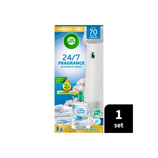 AIR WICK AEROSOL-FREE AUTO SPRAY ESSENTIAL OIL + REFILL LINEN & WHITE ORCHID 228 ML