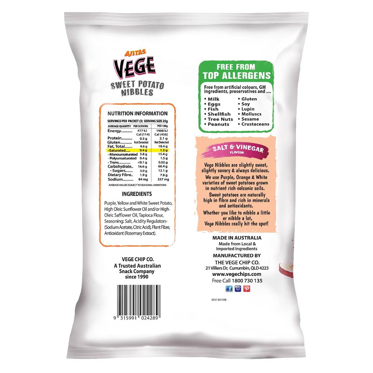 Vege Chips Sweet Potato Nibbles Salt & Vinegar Flavour 75g