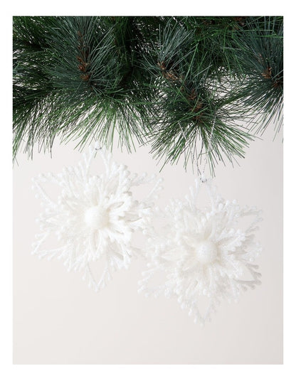 Luxe Christmas Glitter Plastic Set of 2 Layered Snowflake 14cm in White