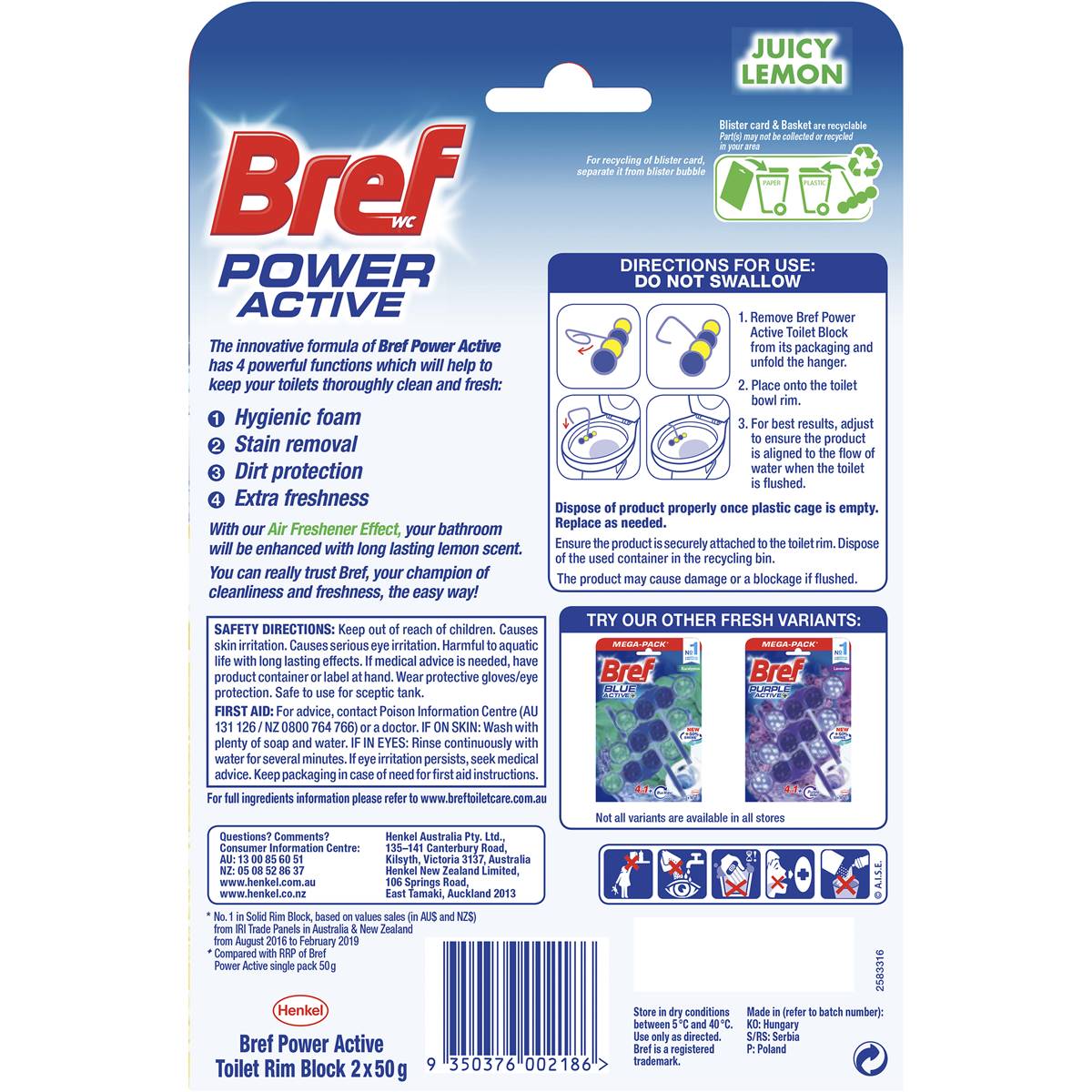 Bref Power Active Juicy Lemon Toilet Cleaner Block 50g x 3 pack