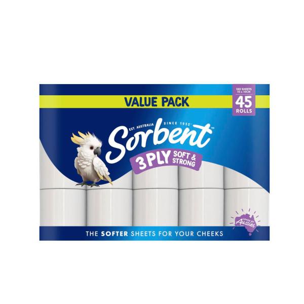 SORBENT 3-PLY SOFT & STRONG TOILET PAPER 45 PACK